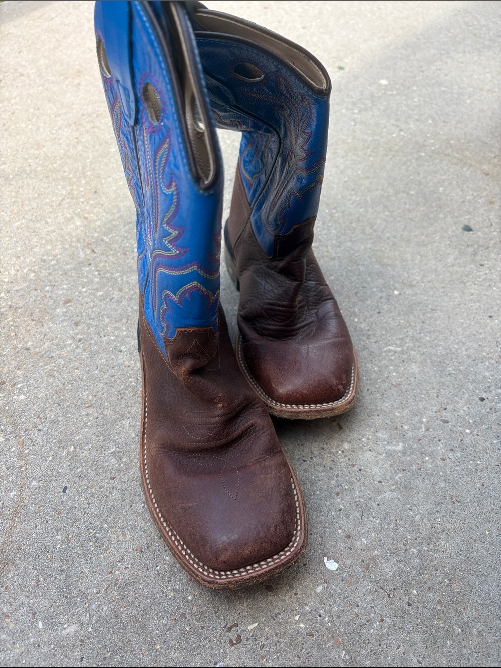 Old West Brown Leather Boots with Blue Embroidered Shaft - Kids